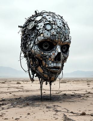 The primary subject of the image is a large, intricate metal sculpture of a head. The setting is a desert-like environment, with a barren landscape visible in the background. The visual style of the image is a combination of photo and digital art, creating a unique and striking representation of the head. The colors and mood of the image are predominantly dark and moody, with the metal sculpture standing out against the desolate backdrop.